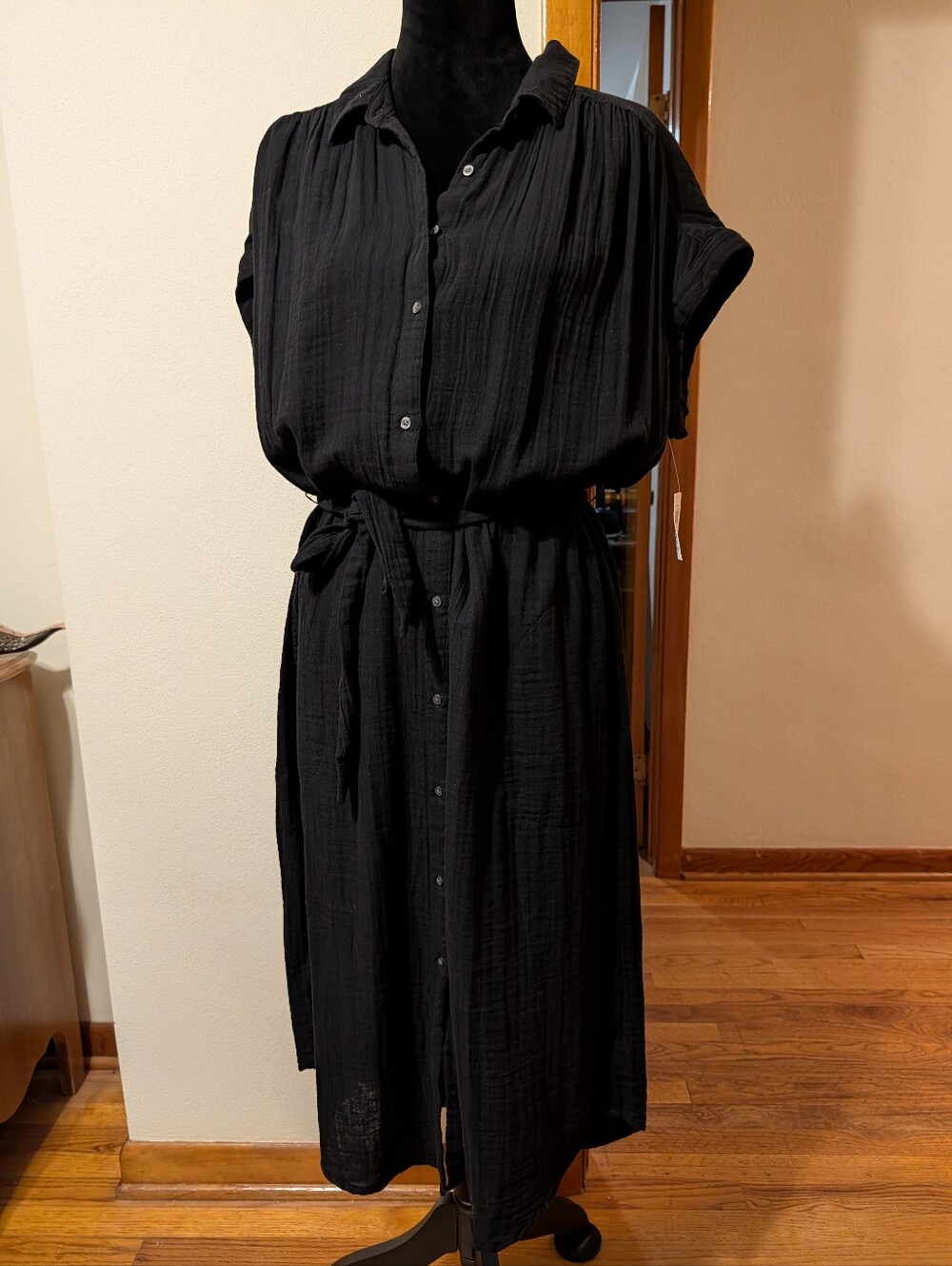 Old Navy Black Linen Dolman Sleeve Button Front Tie Waist Shirt Dress